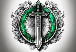 An athame dagger with an oak hilt turned upright and emerald gemstones on it tattoo idea