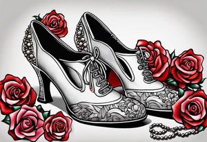 Pearl necklace wrapped around 1950s pinup pumps with roses surrounding tattoo idea