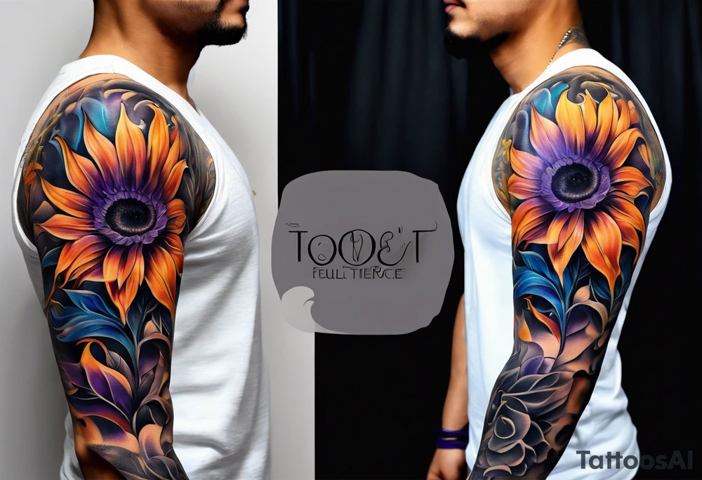 Full arm sleeve with purple, orange and blue sunflowers tattoo idea