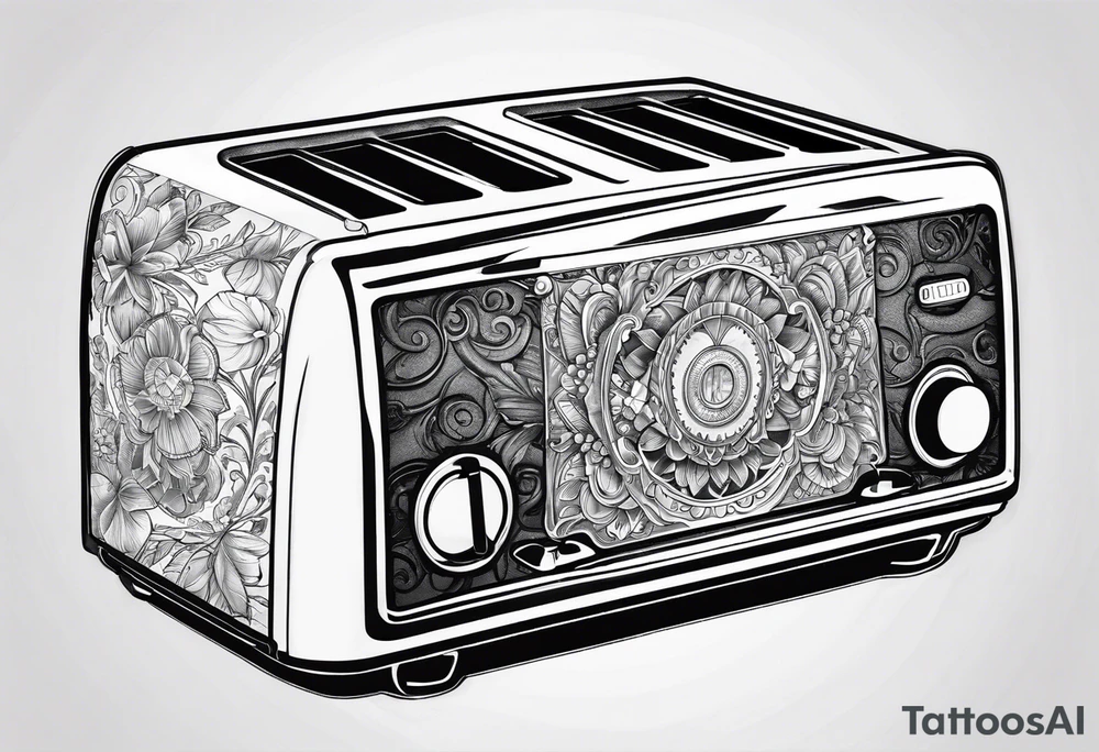 a toaster holding a hand gun tattoo idea