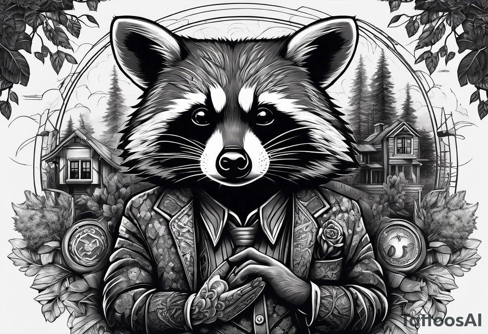 Very detailed Raccoon Husband with wife and 3 sons.
Background modern House between woods tattoo idea