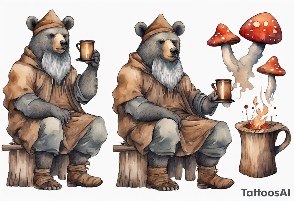 a medieval bear-human hybrid with a long grey beard wearing a tunic and a floppy mushroom hat sitting by a hearth drinking from a wood cup tattoo idea