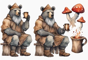 a medieval bear-human hybrid with a long grey beard wearing a tunic and a floppy mushroom hat sitting by a hearth drinking from a wood cup tattoo idea