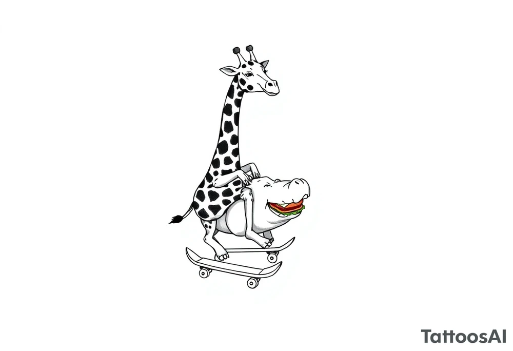 Majestic giraffe riding a skateboard and eating a hippo sandwich tattoo idea