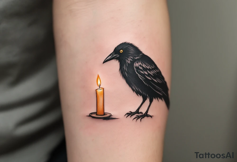 Crow and Candle – A black crow watching a flickering candle, flame done in muted gold and smoky orange tones. Gothic, moody vibe. tattoo idea
