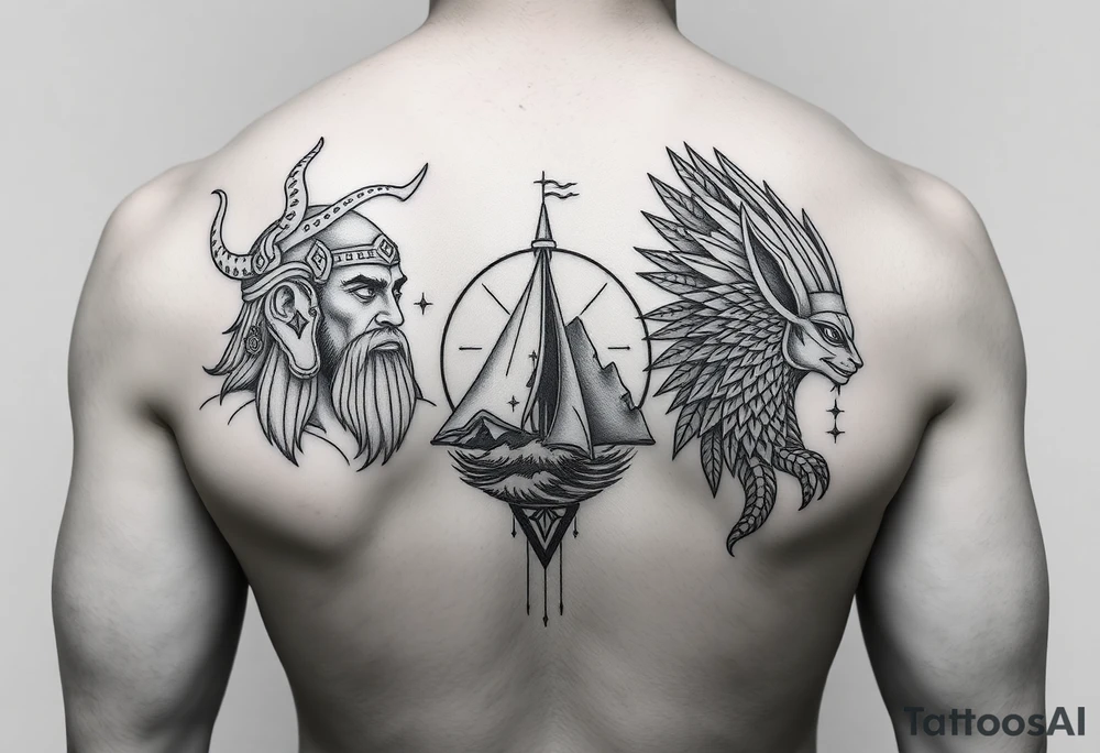 Realism with geographical line art with anubis on right with Odin on the left with ocean art in middle for back tattoo idea