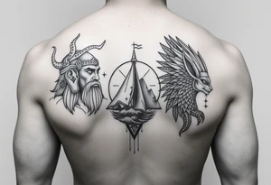 Realism with geographical line art with anubis on right with Odin on the left with ocean art in middle for back tattoo idea