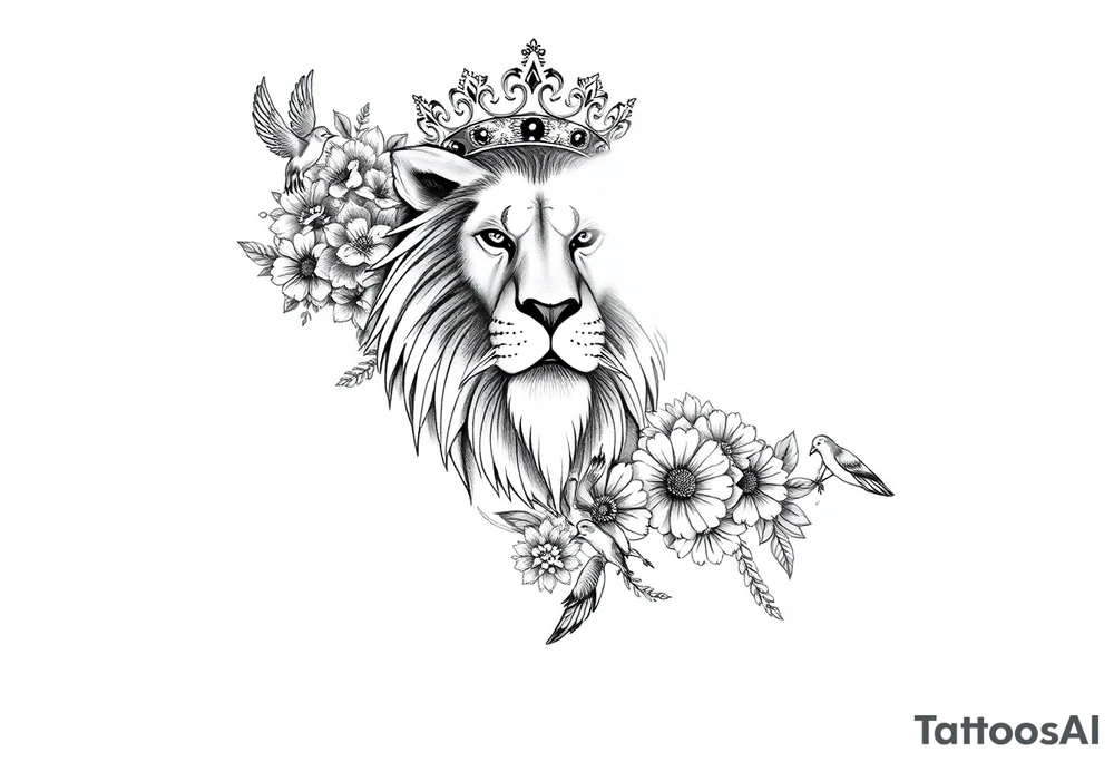 powerful majestic lion with a crown, surrounded by floral ornaments and birds tattoo idea