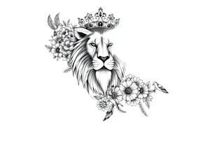 powerful majestic lion with a crown, surrounded by floral ornaments and birds tattoo idea