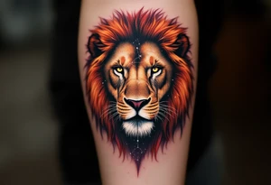 The lion’s silhouette is painted in fiery reds and oranges, with the vivid Leo star constellation mapped across its chest in white. tattoo idea