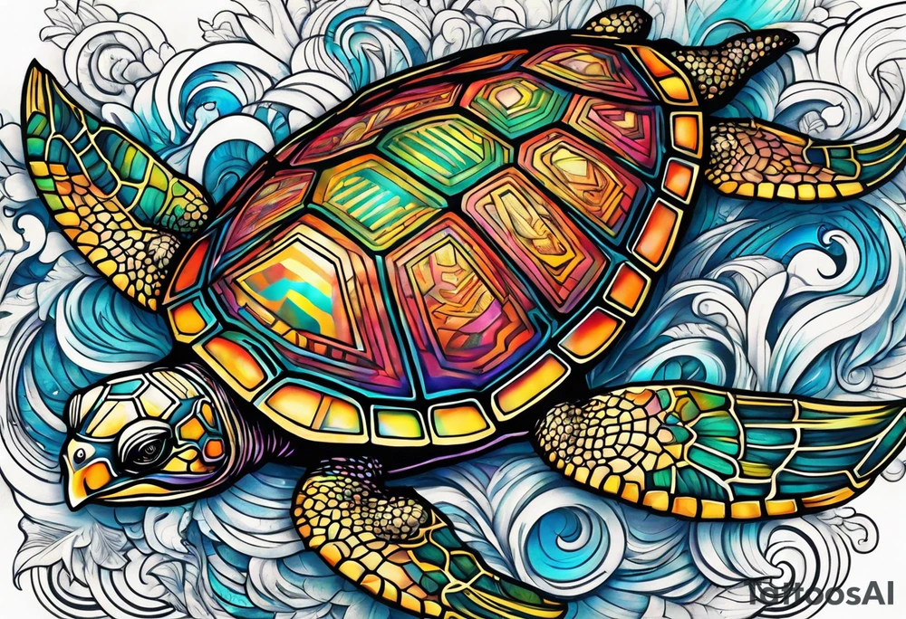 tropical psychedelic turtle, aerial view, from above, high perspective tattoo idea