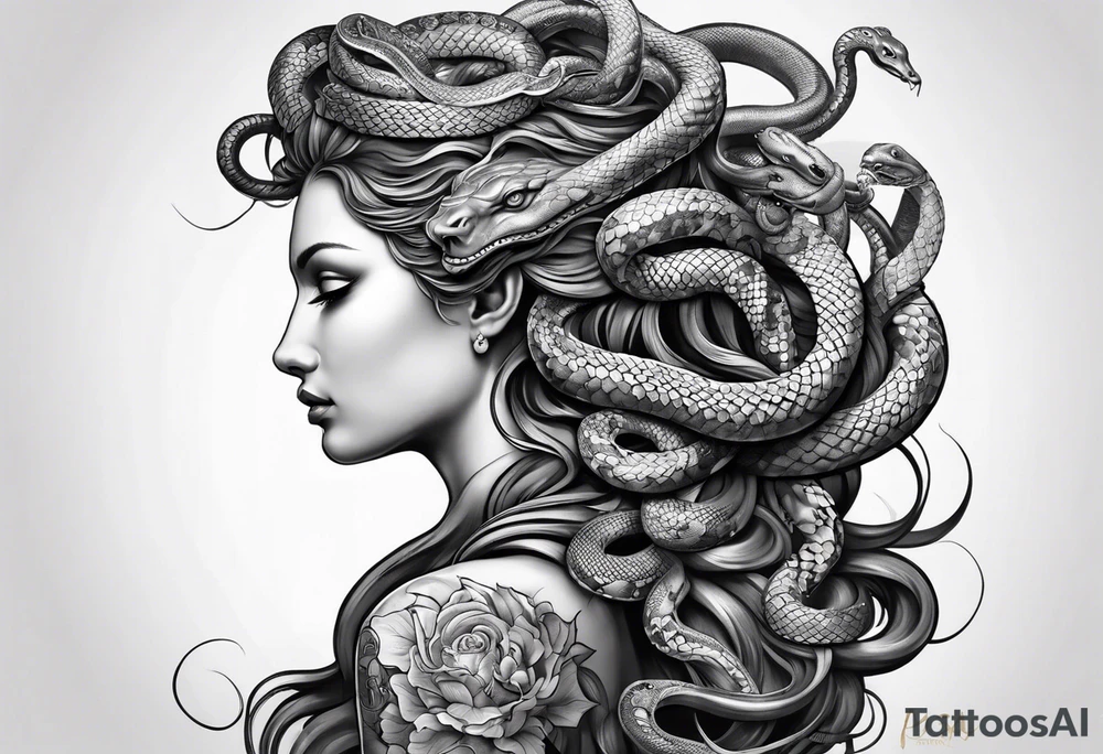 arm tattoo of Medusa as a statue with snakes for hair tattoo idea
