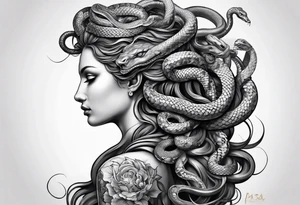 arm tattoo of Medusa as a statue with snakes for hair tattoo idea