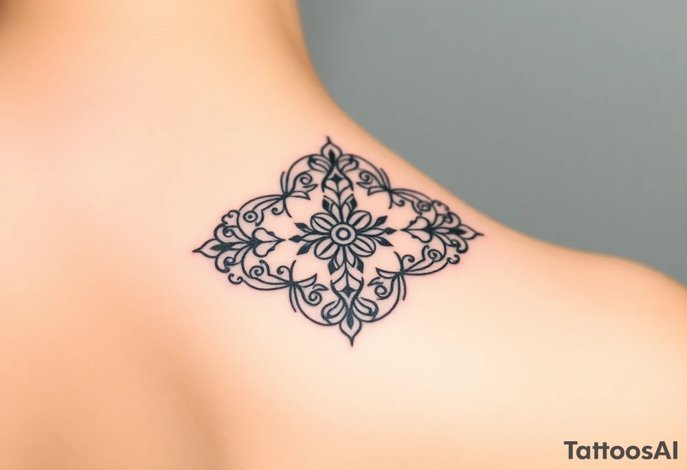 5 Geometric floral circles connected to reflect family unity. Two base elements for my husband and I, intertwined floral patterns like mirrored vines or spiral paisleys representing our identical twins, and a Gemini zodiac sign for my son. Use feminine-yet-bold linework and Interconnected elements tattoo idea