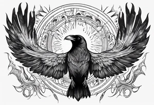 Cunning Raven flying towards the Sun. Mystic. tattoo idea