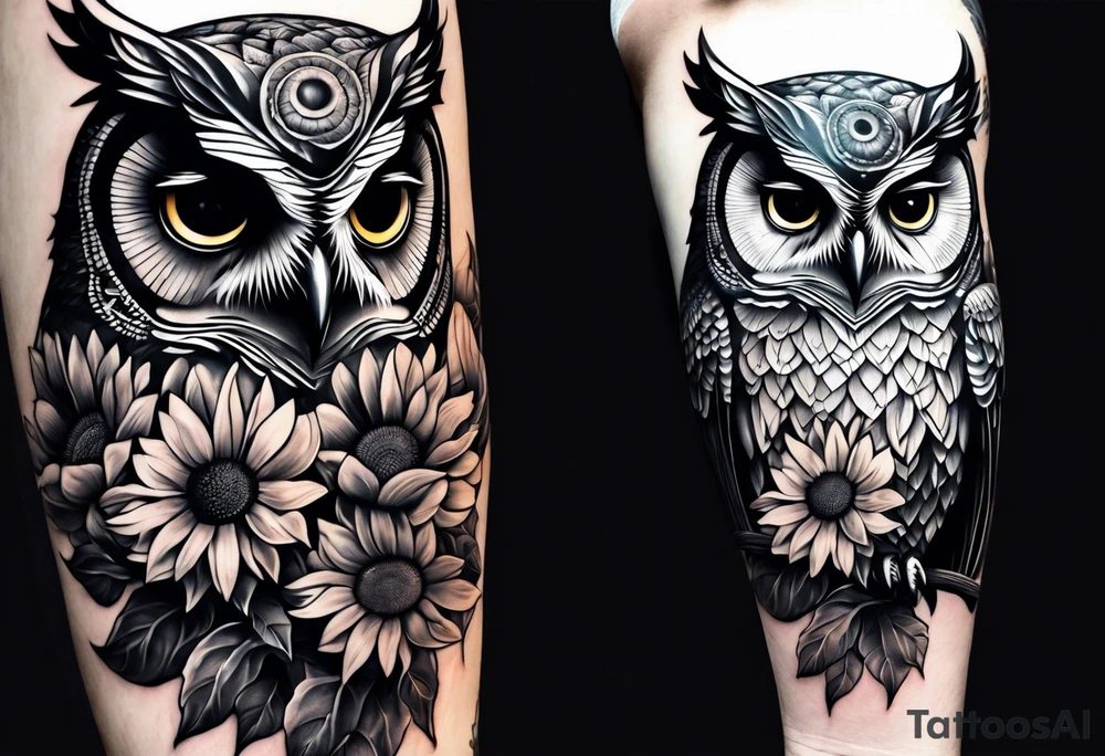 Black and white owl with sunflowers leg sleeve tattoo idea