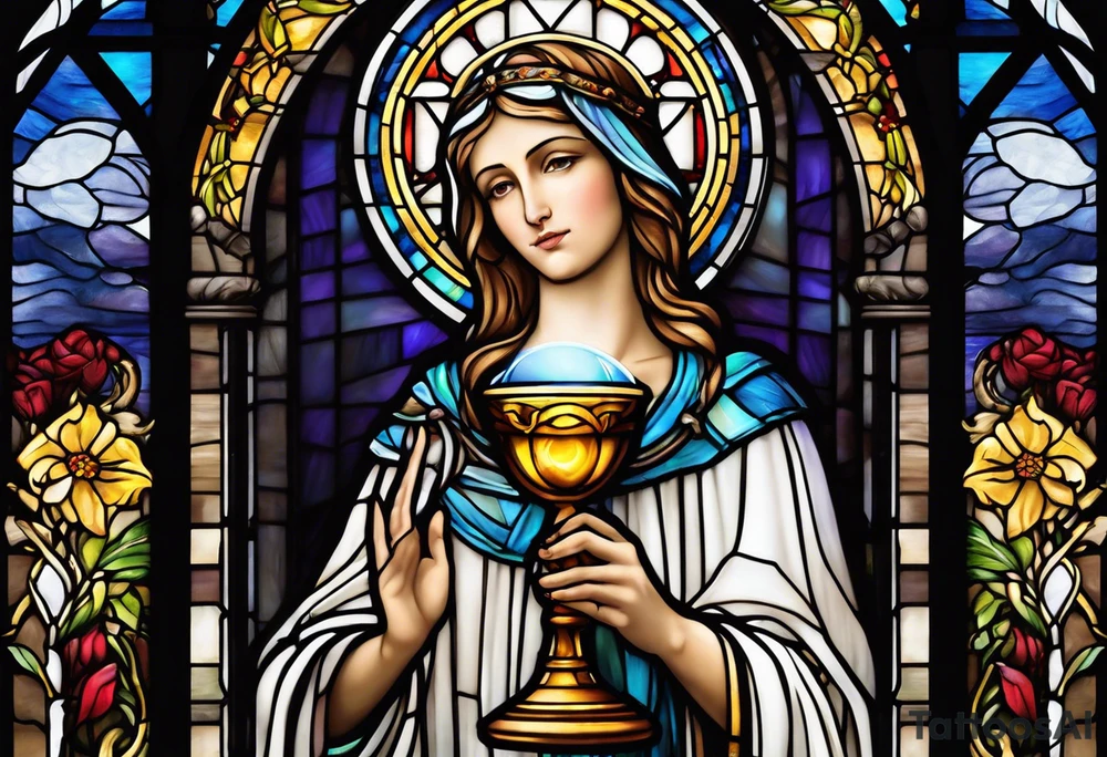 holy saint stained glass holding a chalice tattoo idea