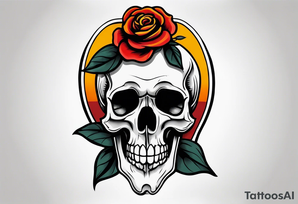 Masculine Old School Knee tattoo in fall colors showing a large skull with a rose  in the style of Jonathan Shaw tattoo idea
