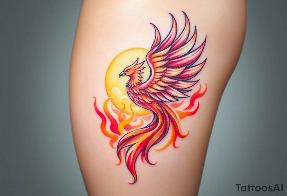 magnificent phoenix rising from flames with trailing embers pinks golds orange and yellows with a golden sunset and sky with puffy clouds and heaven backdrop tattoo idea