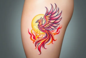 magnificent phoenix rising from flames with trailing embers pinks golds orange and yellows with a golden sunset and sky with puffy clouds and heaven backdrop tattoo idea