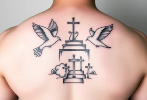 I want a tattoo on my lower arm, I want doves and three crosses at the bottom and I want stairs and clouds with a bible scripture tattoo idea