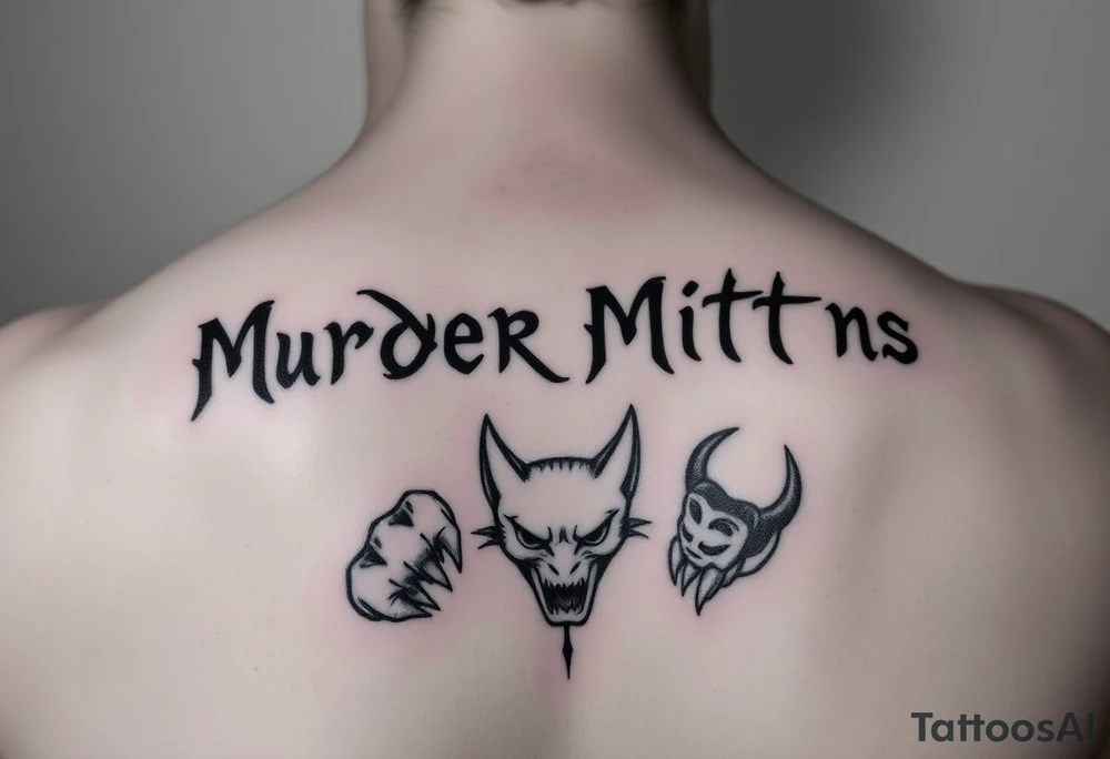 Murder mittens in graffiti writing with two cat paws with there claws out and a devil tattoo idea