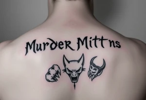 Murder mittens in graffiti writing with two cat paws with there claws out and a devil tattoo idea