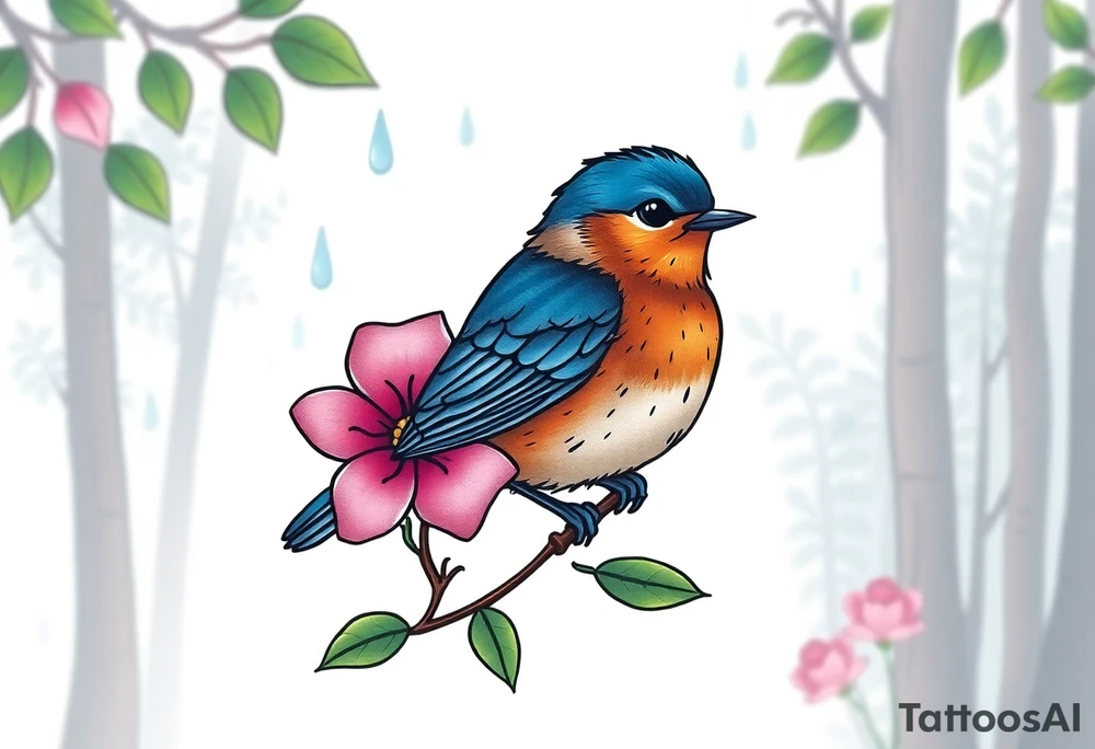 forest background
blue rain drops
pink camelia flower
blue and brown wren bird tattoo idea