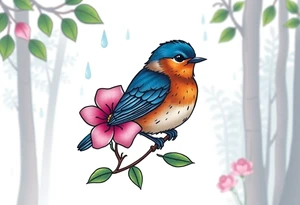 forest background
blue rain drops
pink camelia flower
blue and brown wren bird tattoo idea
