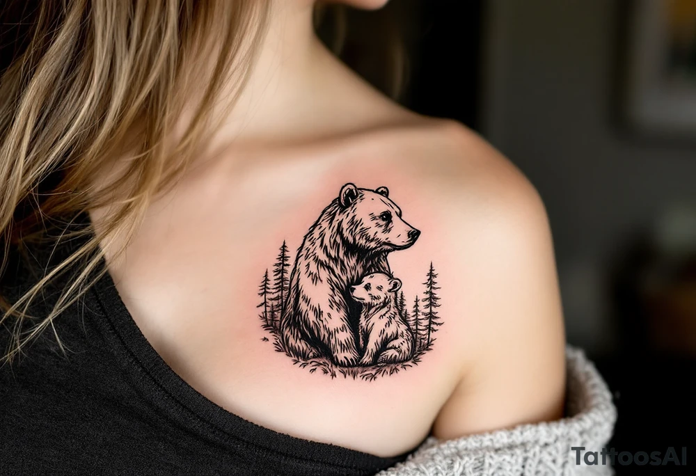 A mother bear and cub in brown ink with a forest silhouette in the background symbolizes fierce protection and guidance. tattoo idea