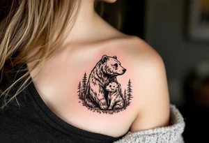 A mother bear and cub in brown ink with a forest silhouette in the background symbolizes fierce protection and guidance. tattoo idea