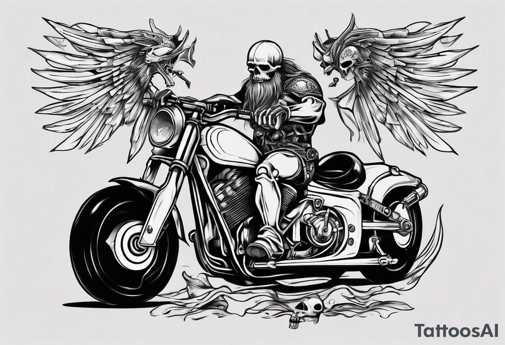 I want a tattoo of a motorcycle and a skeleton in the back with the name “Viking Customs” incorporated in the design tattoo idea