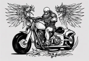 I want a tattoo of a motorcycle and a skeleton in the back with the name “Viking Customs” incorporated in the design tattoo idea