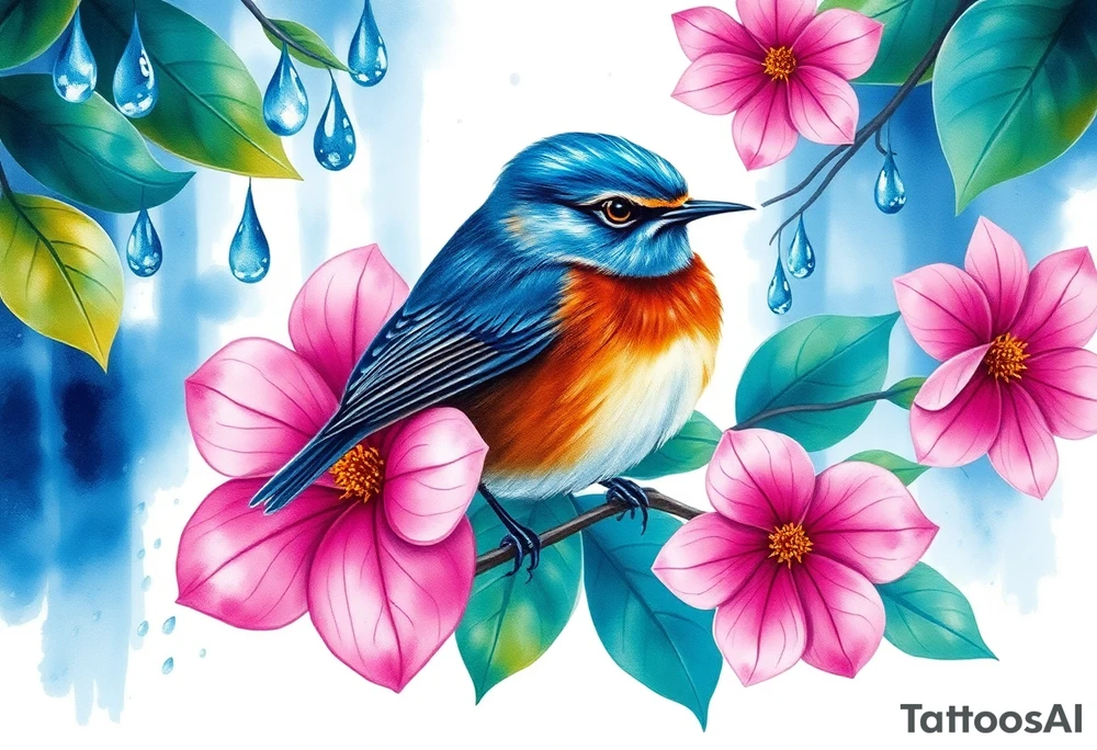 forest background
blue rain drops
pink camelia flower
blue and brown wren bird tattoo idea