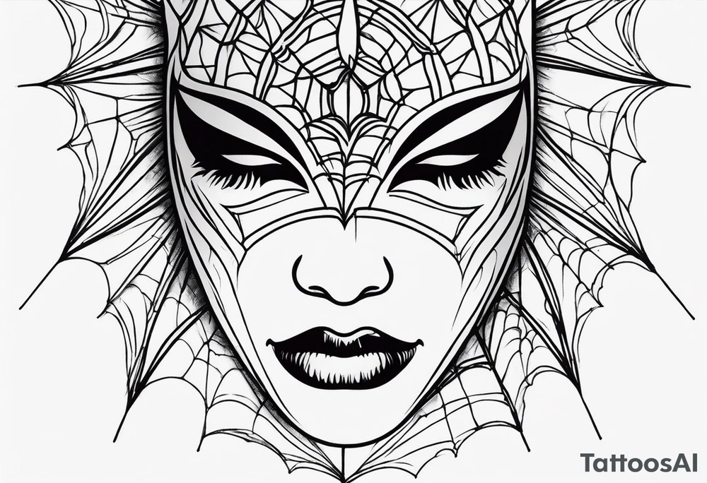Crying masquerade face with spider webs tattoo idea