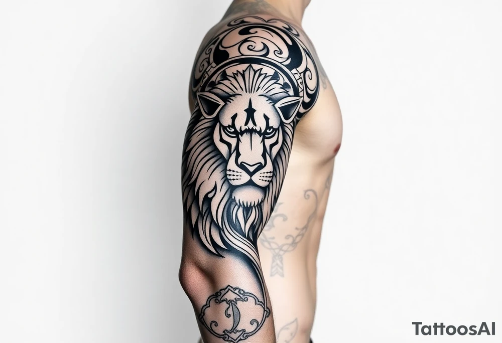 Tribal Sicilian sleeve with patterns
And symbols with a lion tattoo idea