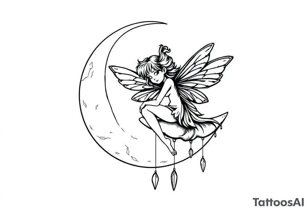 Fairy sitting on moon with dangles tattoo idea