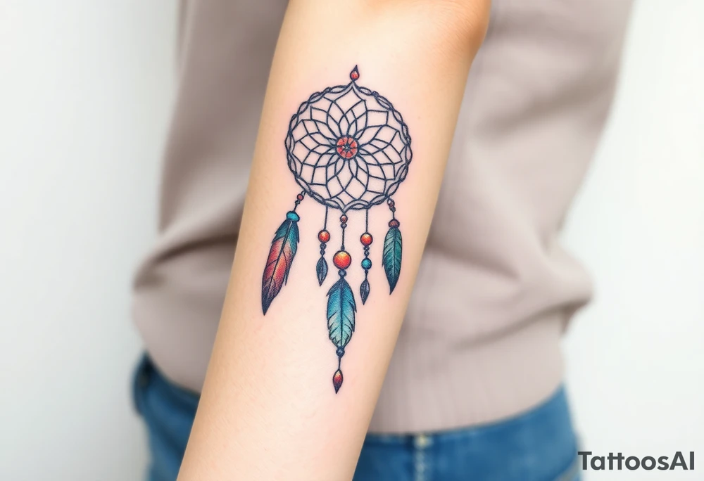 native dreamcatcher with flowing feathers and sacred beads tattoo idea