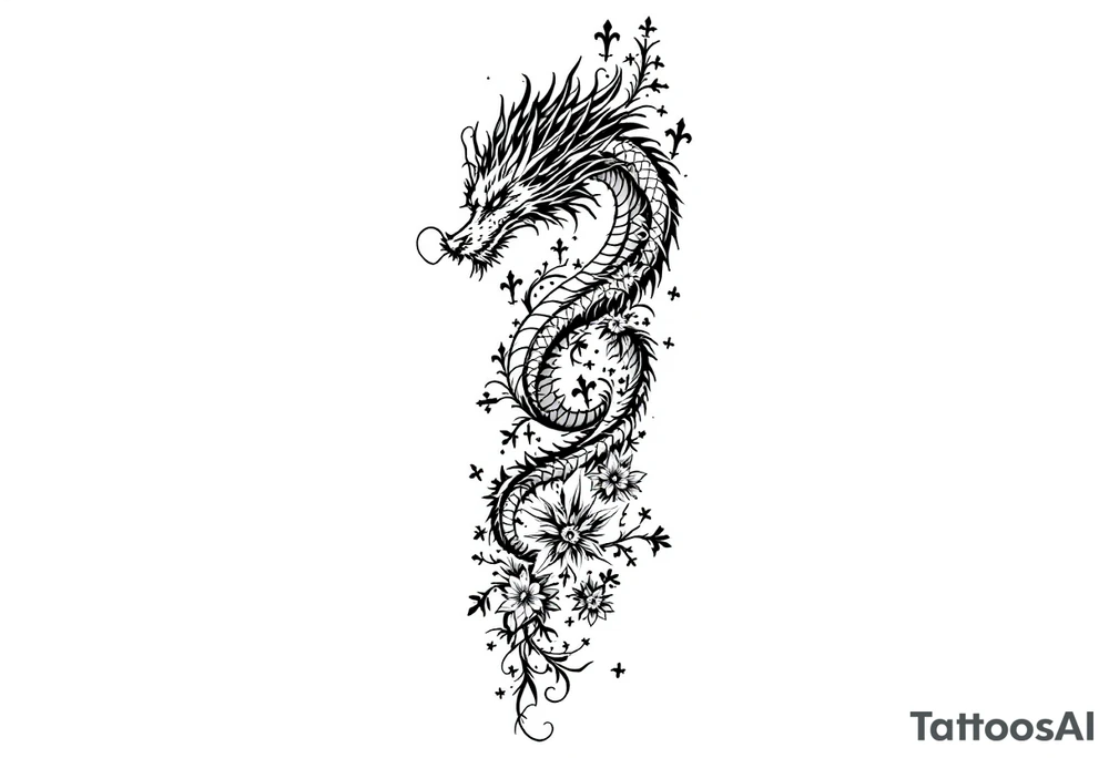 un dragon central entouré de fleurs de lys tattoo idea