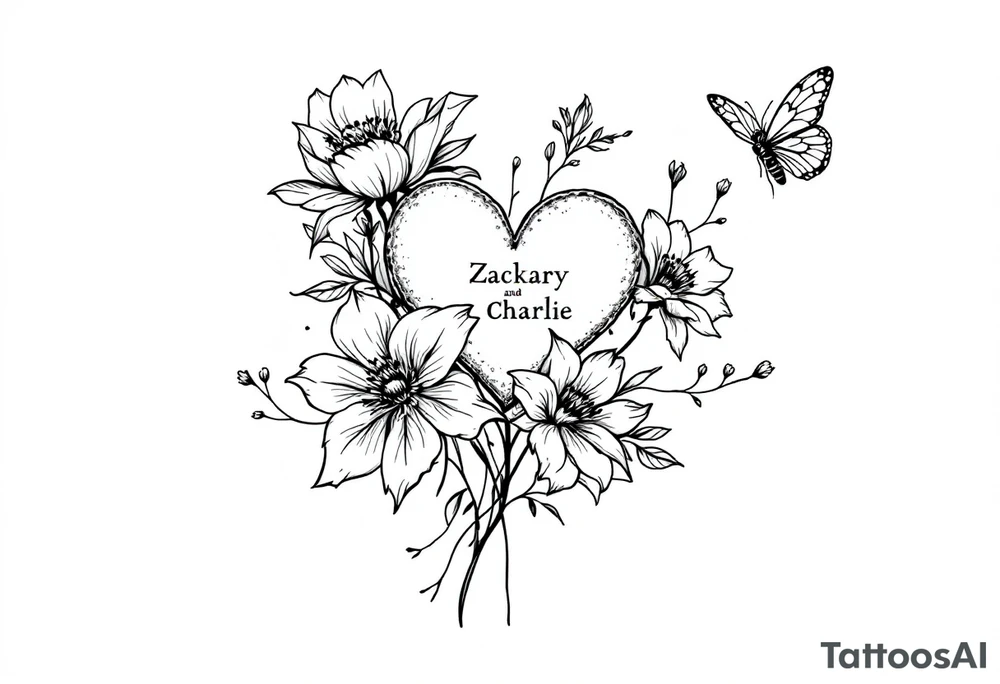 Flowers, heart and buttherfly with name Zackary and Charlie tattoo idea