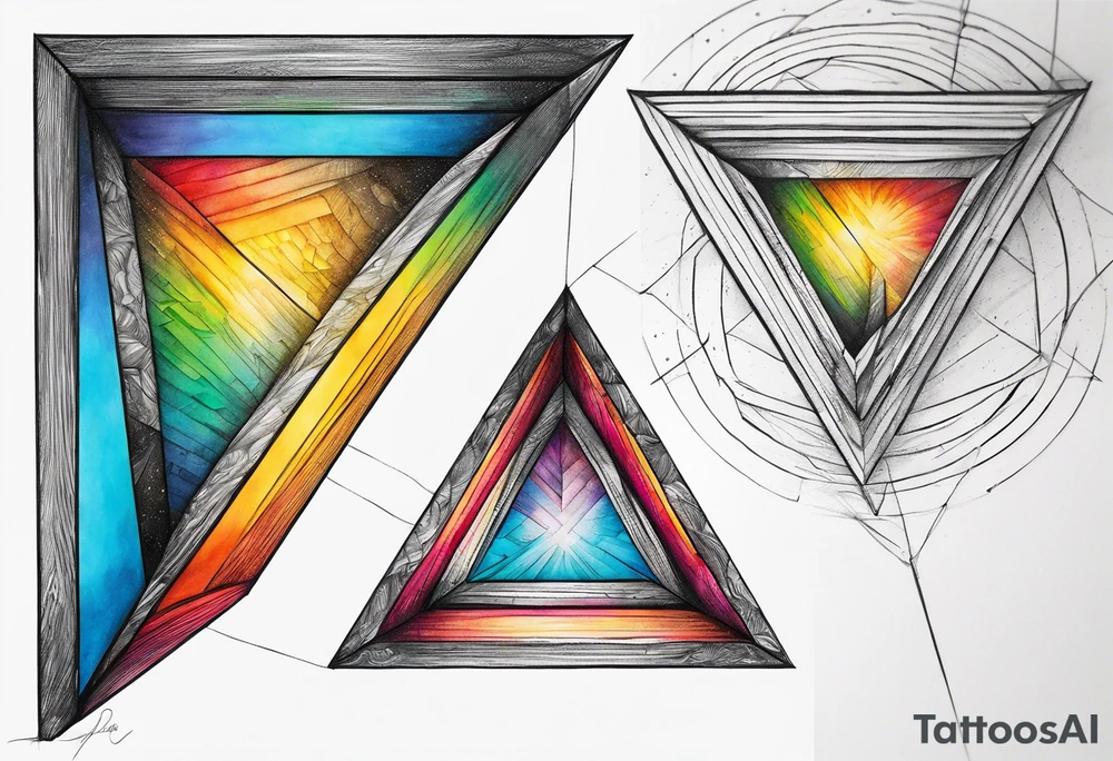 a ray of light entering a simple, flat, triangle prism from the left side and getting dispersed into colours tattoo idea