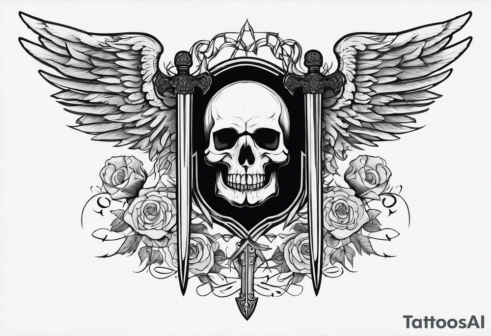 In the center is a half skull pierced by a large sword. On either side of the skull, there are spread angel wings, Beneath the skull is a ribbon with latvian symbols that weaves through both the skull and the sword tattoo idea