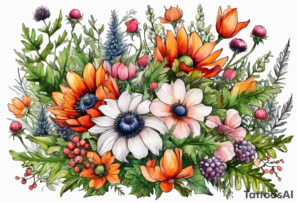 wildflowers with thistles, ferns, white anemones, sun flowers, orange flowers, green flowers, pink flowers, red flowers, berries and all in watercolor tattoo idea