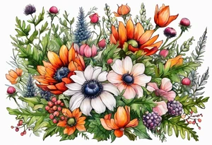 wildflowers with thistles, ferns, white anemones, sun flowers, orange flowers, green flowers, pink flowers, red flowers, berries and all in watercolor tattoo idea