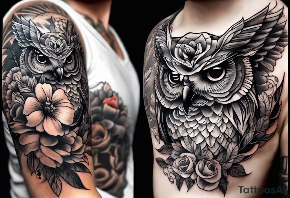 half-sleeve with flowers, an owl, and a hummingbird, all made of lace. tattoo idea