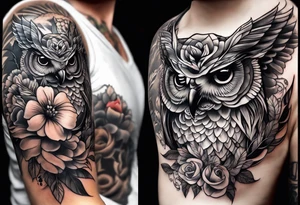half-sleeve with flowers, an owl, and a hummingbird, all made of lace. tattoo idea