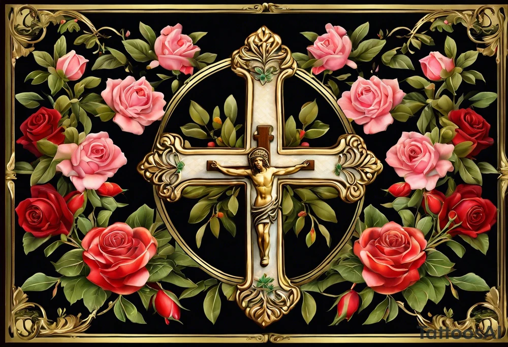 this ins meant to be a collage style that will cover the forearm from the wrist to elbow. Give me an olive branch on wirst at bottom shaped like a manura lamp. A cross above that with smallers olive and rose branches and roses arount it with a crown above the cross on bothe sides small hebrew letters that say king of glory and the other says yeshua messiah in hebrew . Not too many roses. Only black and white tattoo idea