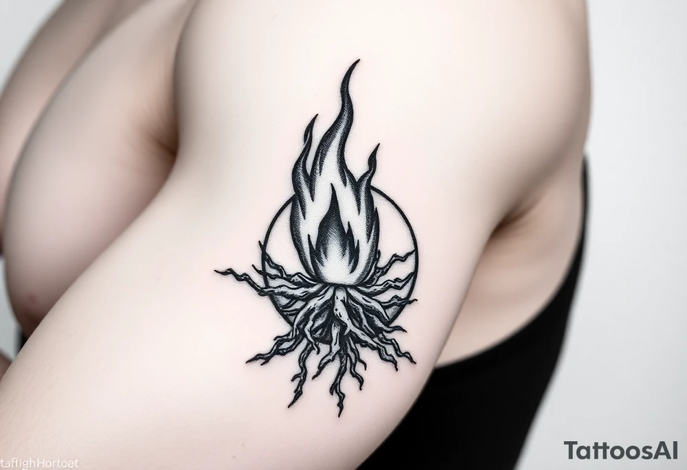 flame in a roots sphere tattoo idea