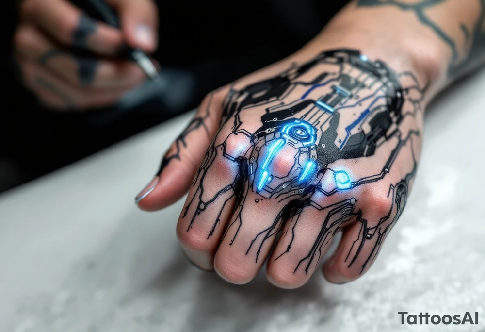 A futuristic biomechanical hand design with sapphire-blue lines tracing each finger like circuits. tattoo idea