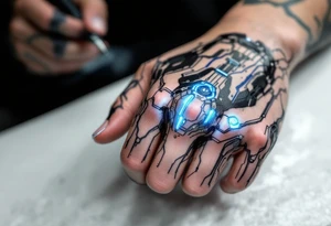 A futuristic biomechanical hand design with sapphire-blue lines tracing each finger like circuits. tattoo idea